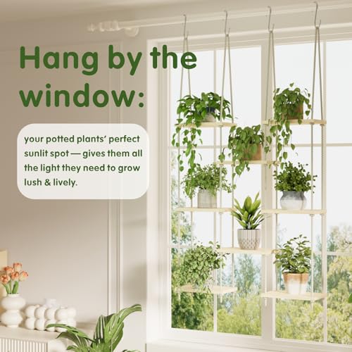 8 Tier Window Plant Shelves Hanging Indoor Plant Display | hanging window sill plant shelf, boho wall decor for bedroom living room; floating plant holder indoor garden display rack,