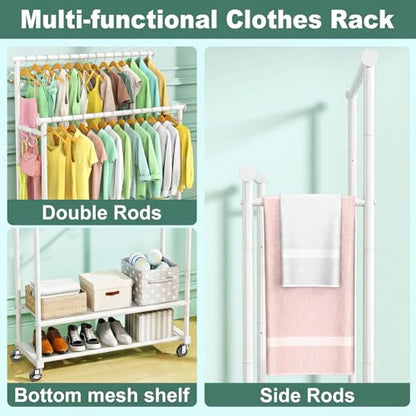 Double Rods Clothes Rack for Hanging Clothes, Heavy Duty Rolling Clothing Rack with Wheels, Freestanding Garment Racks with Oxford Bottom Shelf and Mesh Bottom Shelf for Bedroom Laundry (White) - color: White