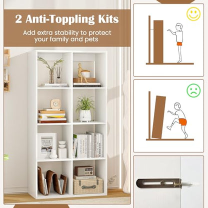 8 Cube Storage Organizer, 4 Tier Floor Standing Bookshelf, 54 inch Tall Bookcase, Wooden Open Display Shelf for Living Room, Bedroom, Study, White Bookshelf with Open Back - size: 8 Cubes