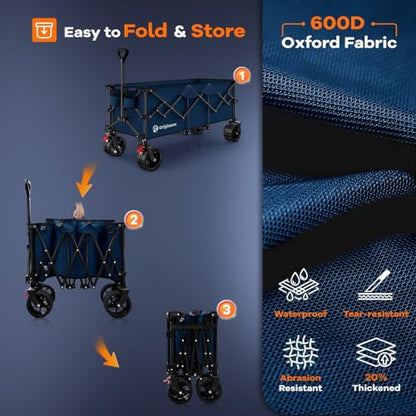 Originsure 300L Collapsible Beach Wagon Cart with Big Wheels, 560lbs, Blue | 48" Foldable Utility Wagon,7" All-Terrain Wheels,Heavy Duty Frame,Compact&Space-Saving,for Camping,Sports,Grocery,Garden - color: B-blue