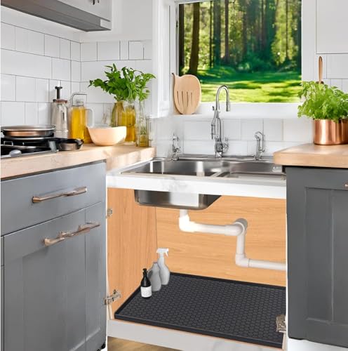 Under Sink Mat 22 x 22, Silicone Under Sink Liner for Kitchen Waterproof Bathroom Cabinet Mat, Black - color: Black, size: 22"W x 22"L