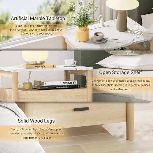 Night Stand Set 2, 23" Nightstands Set of 2, Modern Nightstand with Charging Station & Faux Marble Top, 2 Drawer End Table with Solid Round Post Legs, Bedside Table for Bedroom, Natural Oak - color: Natural Oak + Faux Marble Top, size: 24''W x 15.7'D x 24