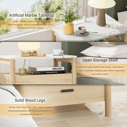 Night Stand Set 2, 23" Nightstands Set of 2, Modern Nightstand with Charging Station & Faux Marble Top, 2 Drawer End Table with Solid Round Post Legs, Bedside Table for Bedroom, Natural Oak - color: Natural Oak + Faux Marble Top, size: 24''W x 15.7'D x 24