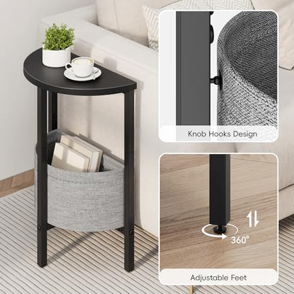 Vagusicc Small Round Side Table End Table, Tall Accent Table with Storage Basket, Set of 2 Half Round Tables Half Moon Tables, Coffee Bedside Tables, Modern Nightstand for Living Room Bedroom, Black - color: Black