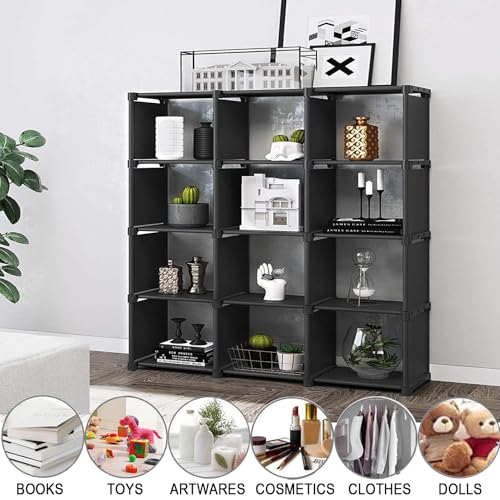 12 Cube Storage Organizer Book Shelves, DIY Open Stackable Bookshelf, Extra Large Plastic Bookcase Rack for Bedroom, Living Room, Home Office