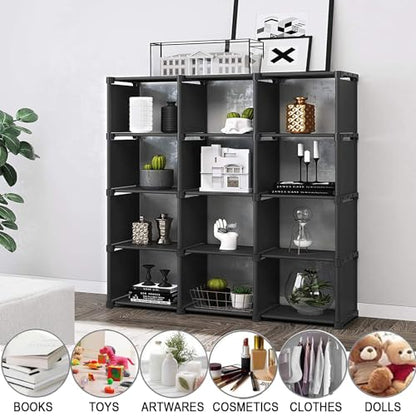 12 Cube Storage Organizer Book Shelves, DIY Open Stackable Bookshelf, Extra Large Plastic Bookcase Rack for Bedroom, Living Room, Home Office