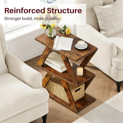 Set of 2 Side Table, 3 Tier Side Table with Side Guard Rails & Anti-Slip Pads, Narrow End Table for Small Spaces, Slim Nightstand with Storage Shelves for Bedroom, Living Room, Rustic Brown - color: Rustic Brown
