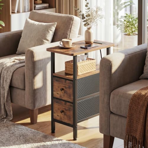 LOAKEKEL Narrow End Table with Charging Station, Side Tables Living Room | End Tables Living Room Set of 2, Skinny Nightstand with Fabric Drawers, Slim Sofa Table for Bedroom, Small Spaces, Brown - color: Rustic Brown + Black, style: Power