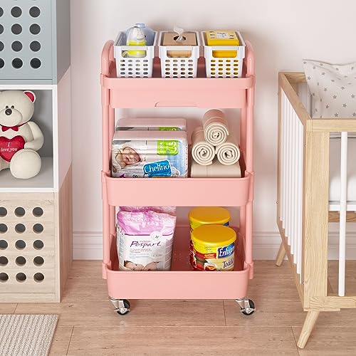 Calmootey 3-Tier Rolling Utility Cart with Drawer,Multifunctional Storage Organizer with Plastic Shelf & Metal Wheel,Storage Cart for Kitchen,Bathroom,Living Room,Office,Pink | Space-Saving Organizer, Sturdy Plastic Shelves, Smooth-Rolling Metal Wheels, B