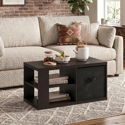 3-Tier Modern Coffee Table with 1.2 Thick Tabletop, Side Table with Open Shelf and Storage Bin, Coffee Table, for Bedroom, Living Room, Home Office, Dark Oak - color: Dark Oak/Black