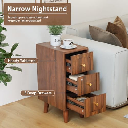 Narrow Nightstands with 3 Drawers, Wooden Farmhouse Bedside Tables, Slim End Tables with Storage, Small Night Stand for Bedroom, Living Room, Small Spaces - color: 3drawers-walnut-1pcs