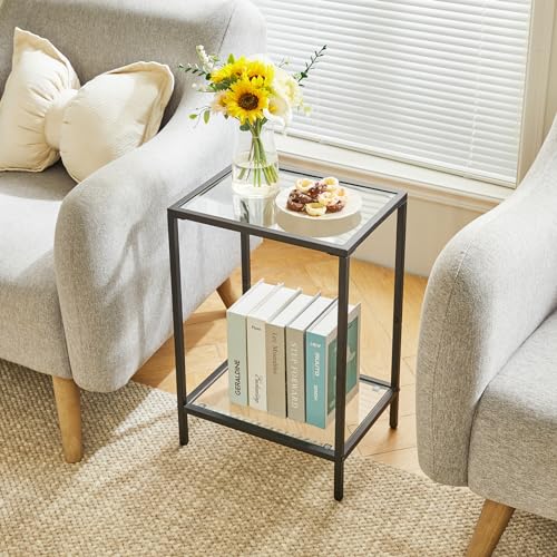 YMYNY Tempered Glass Side Table, 22.05H*14.96L*11.02W,Black, UHGD002B | 2 Tier end table, Storage Shelves, Narrow Bedside Table, For Small Space - color: Black