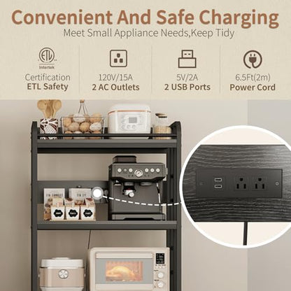 METYERRY Adjustable 4-Tier Heavy Duty Kitchen Baker's Rack with Power Outlet, with Industrial Wheels, Free Standing Microwave Oven Cart Stand for Storage, Garage, Mini Fridge Stand, Black - color: Black