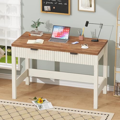 YOMILUVE Fluted Computer Desk with 2 Drawers, 39 Inch Small Computer Desk with Storage, Compact Writing Study Vanity Desk for Small Spaces, Antique White - color: Antique White