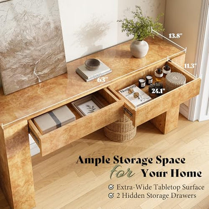 AMERLIFE 63" Burl Wood Console Table, Modern High Gloss Entryway Table with 2 Storage Drawers, Long Sofa Table Behind the Couch for Entrance, Hallway, Foyer, Living Room, Natural - color: Natural