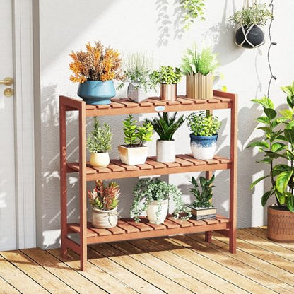 Giantex 3-Tier Plant Stand Indoor, Solid Wood Flower Pot Display Rack w/ Slatted Shelves, Take Oil Finish Bookshelf Shoe Rack, Indoor Outdoor Storage Shelf for Patio Garden Balcony Home Living Room Entryway - size: 13" x 36" x 35"