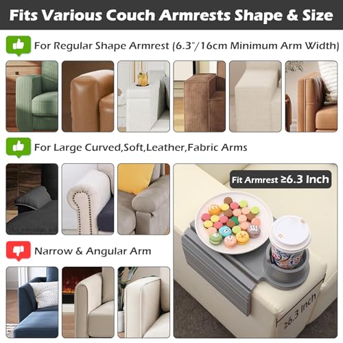GHKINMAL Couch Cup Holder Tray, Large Couch Arm Table with 360° Ratated Phone Holder, 3 in 1 Bamboo Sofa Armrest Tray with Anti-Slip Couch Organizer for Remote,Cellphone,Snacks - color: Gray