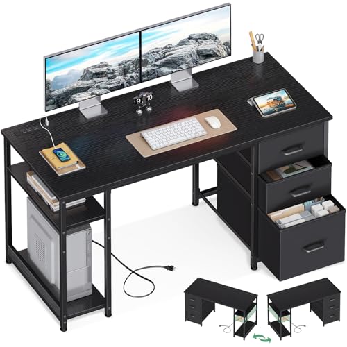 AODK 51 Inch Computer Desk with Drawers & USB Power Outlets | Reversible Home Office Desk with Storage Shelves, Work from Home, Modern Work/Writing/Study Table for Bedroom, Black - color: Black, size: 51 Inch