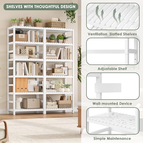 FOTOSOK 6-Tier Bamboo Shelf with Adjustable Shelves, Bamboo Kitchen Cabinet | Tall Bamboo Bookshelf and Plant Shelf with 250-lb Shelf Capacity for Laundry Bathroom Kitchen Pantry Home Office - color: White