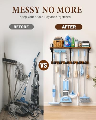 Lorbro Broom Holder Wall Mount with Cleaning Supplies Storage, Heavy Duty | 3 in 1 Broom and Mop Organizer Wall Hanging, Wooden Mop Organizer Hanger, Storage Shelves for Laundry Room, Garage - size: Large