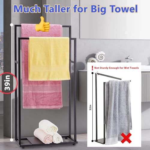39'' Tall Towel Racks for Bathroom, 2 Tier Towel Rack Stand with Storage Shelves, Free Standing Drying Rack for Outdoor, Black, ALHAKIN