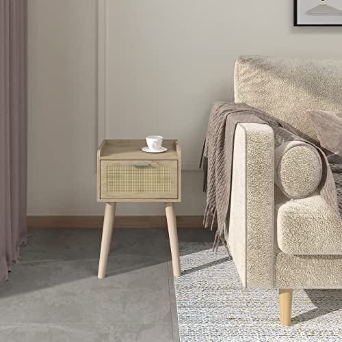 LAATOOREE Nightstand Set of 2, Small Bedside Table, End Table with Rattan Door, Boho Side Table with Solid Wood Legs for Bedroom Living Room Small Space - color: Natural, style: Boho Style