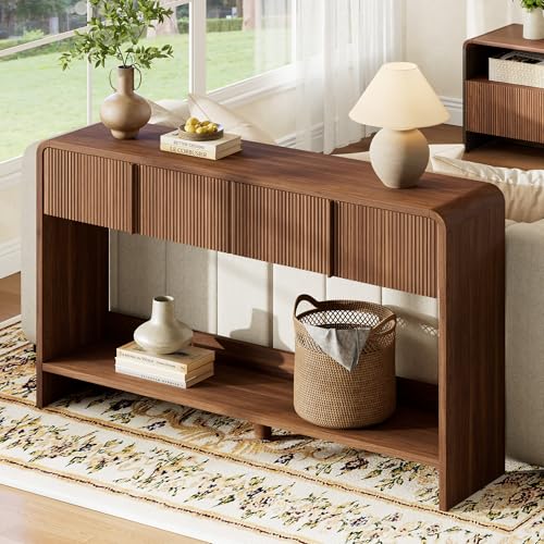 AMERLIFE 55" Fluted Entryway Console Table with 2 Drawers and Open Shelf | Modern Entryway Table with Rounded Edges, Wood Sofa Table for Hallway, Foyer, Behind Couch, Living Room, Brown - color: Brown - Fluted Panel, size: 55"