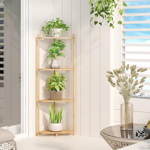 Wisuce Corner Shelf Stand - 4 Tier Bamboo Small Corner Bookshelf for Office Kitchen Bedroom Plant Stand Living Room Decor Small Space (Nature) - color: Natural, size: 4 Tier