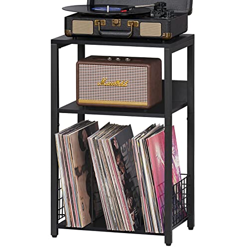LELELINKY Black End Table, Small Side Table with Metal Frame,Modern Record Player Stand with Storage Shelf, Wood 3 Tier Sofa Bedside Tables, Narrow Nightstand for Living Room Bedroom Office - color: Black, size: Medium