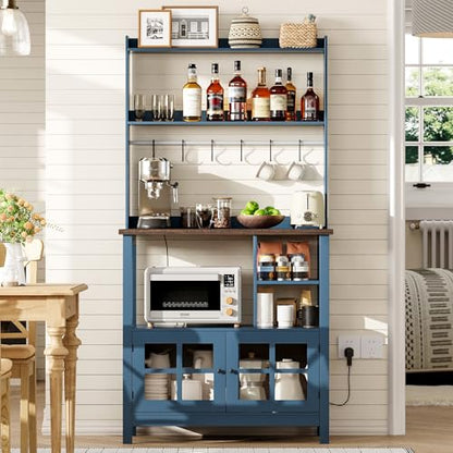 ChooChoo Farmhouse Coffee Bar Cabinet with Storage, Bakers Rack with Power Outlets, Microwave Stand Kitchen Cabinet with Hutch and 6 Hooks, Blue - color: Blue