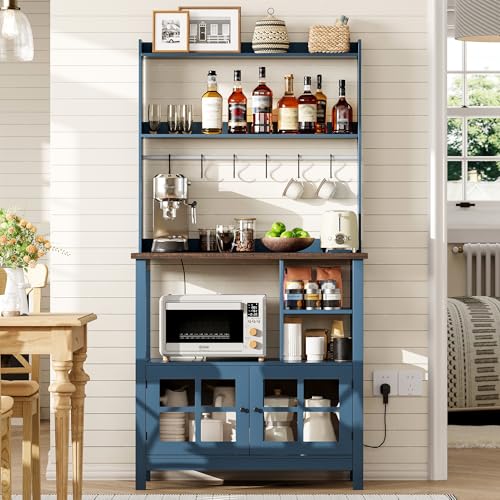 ChooChoo Farmhouse Coffee Bar Cabinet with Storage, Bakers Rack with Power Outlets, Microwave Stand Kitchen Cabinet with Hutch and 6 Hooks, Blue - color: Blue