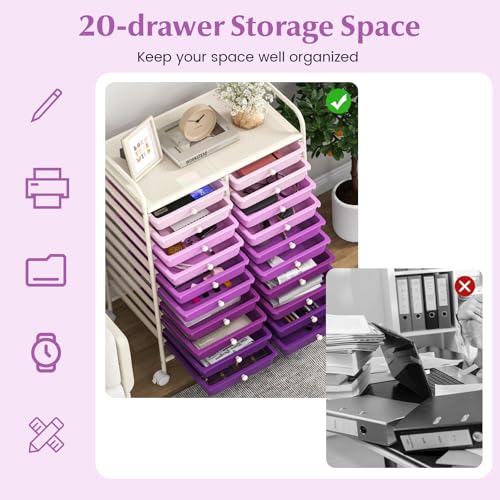 DREAMADE Rolling Cart with Storage Drawers, Utility Cart w/Removable Plastic Drawers, Lockable Wheels, Art Cart for Classroom Organization Art Supplies Office Scrapbook (20 Drawers, Purple Gradient) - color: Gradient Purple, style: 20 Drawers