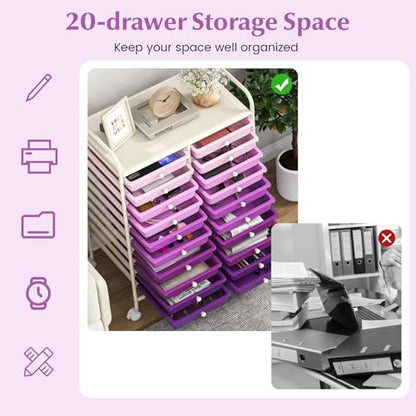 DREAMADE Rolling Cart with Storage Drawers, Utility Cart w/Removable Plastic Drawers, Lockable Wheels, Art Cart for Classroom Organization Art Supplies Office Scrapbook (20 Drawers, Purple Gradient) - color: Gradient Purple, style: 20 Drawers