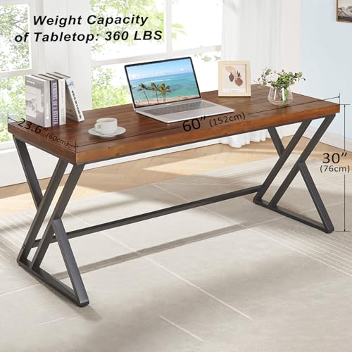 Real Wood Computer Desk, Home Office Solid Wood Writing Desk, Farmhouse Long Natural Wood Executive Work Desk, Industrial Rustic Wooden Metal PC Gaming Office Table Workstation, Brown, 60 in - size: 60 inch