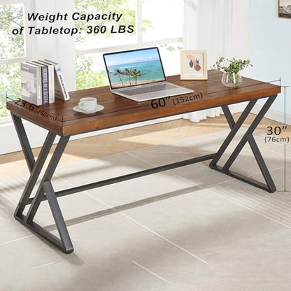 Real Wood Computer Desk, Home Office Solid Wood Writing Desk, Farmhouse Long Natural Wood Executive Work Desk, Industrial Rustic Wooden Metal PC Gaming Office Table Workstation, Brown, 60 in - size: 60 inch