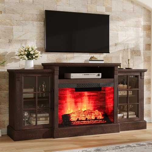 AMERLIFE 70" Farmhouse Fireplace TV Stand for TVs up to 80", Media Console with Storage Cabinets & Adjustable Shelves, Entertainment Center with 28" Electric Fireplace for Living Room, Rustic Brown - color: Rustic Brown, size: 70"