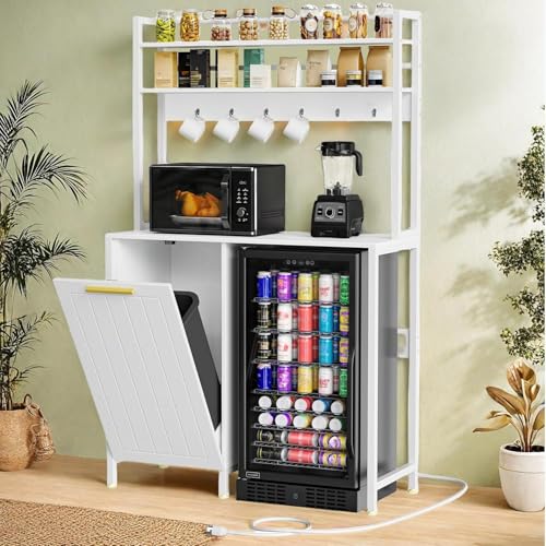 YITAHOME 4-Tier Kitchen Pantry Cabinet with Mini Fridge Space | Trash Can Storage & Power Outlet, Freestanding Storage Organizer for Microwave, Coffee Bar & Dining Room, White - color: White
