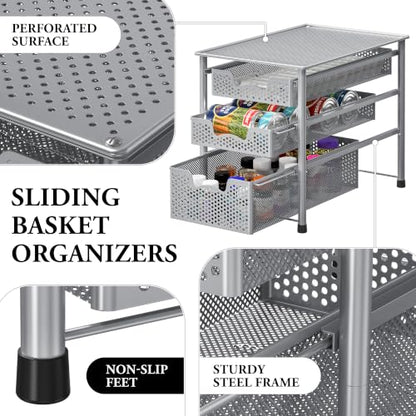 Simple Houseware Stackable 3 Tier Sliding Basket Organizer Drawer, Silver - color: Silver, size: 3-Tier