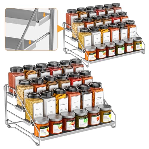 BOIVSHI 4 Tier Spice Rack Organizer for Cabinet, Spice Rack Organizer, Depth Adjustable Spice Organizer for Cabinet, Countertop, Cupboard, Pantry, Seasoning Shelf, Metal, Gray (2 Pack) - color: Gray, size: 2 Pcs