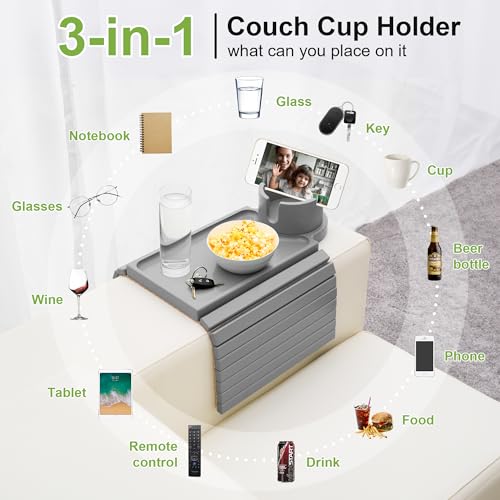 Couch Cup Holder - 3 in 1 Couch Arm Table Tray with 360° Rotating Cup Holder for Couch,Anti-Slip Arm Chair Rest Table for Large Wide Sofa Armrest, Foldable Side Table for Drinks Snacks - color: Gray