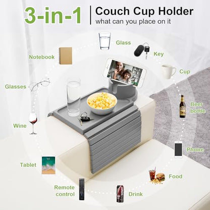 Couch Cup Holder - 3 in 1 Couch Arm Table Tray with 360° Rotating Cup Holder for Couch,Anti-Slip Arm Chair Rest Table for Large Wide Sofa Armrest, Foldable Side Table for Drinks Snacks - color: Gray