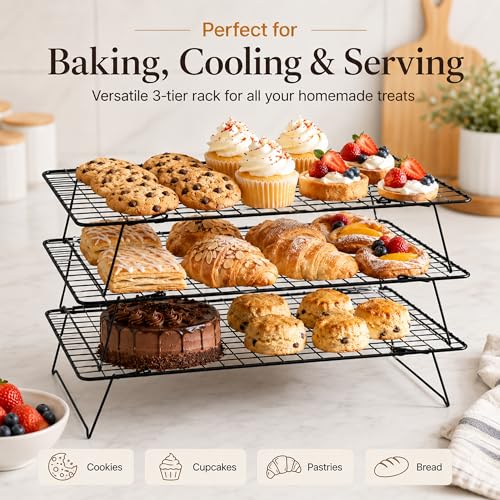 Cooling Rack 16"x10", 3-Tier Stackable & Collapsible Cooling Racks | Cooling Racks for Cooking and Baking, Roasting, Grilling, Oven & Dishwasher Safe (Black, 3-Tier) - color: Black, size: 3-Tier