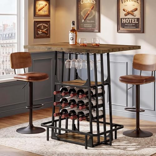 Tribesigns Bar Table, Industrial Counter Height Pub Table, Black and Brown | with Glass Holder and Wine Storage,3-Tier Cocktail Table, Home Bar Unit with Metal Footrest for Kitchen, Bistro, Dining Room