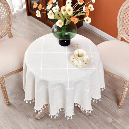 Plaid Round Tablecloth 36 Inch Cotton Linen Round Table Cloth - color: Off-white, size: 36" (Round)
