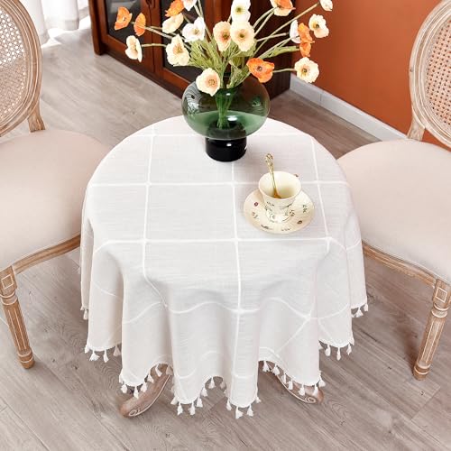 Plaid Round Tablecloth 48 Inch Cotton Linen Round Table Cloth - color: Off-white, size: 48" (Round)