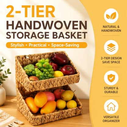 Pumtus 2-tier Handwoven Storage Basket, Water Hyacinth Standing Rack, Kitchen Countertop Organizer, Hanging Bathroom Basket, Fruit Vegetable Holder, Storage Shelf for Home Organization