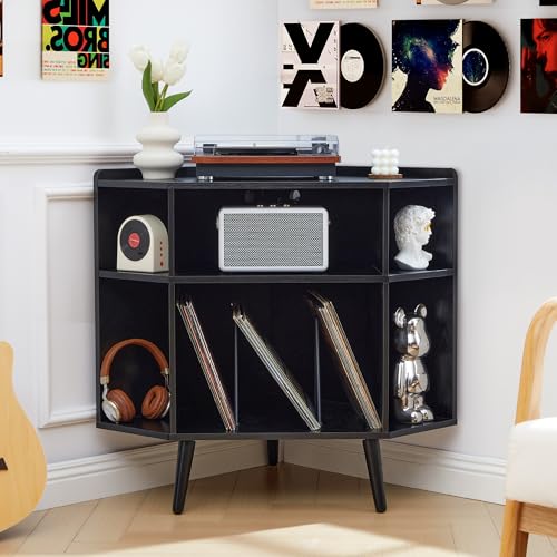Corner Record Player Stand with Charging Station & USB Ports, 3 Tier Mid Century Modern Vinyl Record Storage Cabinet, Wood Turntable Stand for Living Room, Small Space (Wood Grain, Black) - color: Small,with Wood Grain, Black