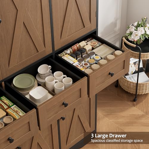 HOSTACK 67"H Farmhouse Kitchen Pantry Storage Cabinet with 3 Drawers, Brown | Large Food Pantry Cabinet with Swing-Out Door Rack & Adjustable Shelf for Kitchen, Dining room, Living room - color: Brown/Black