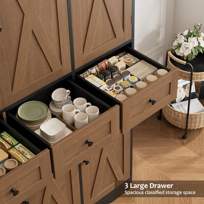 HOSTACK 67"H Farmhouse Kitchen Pantry Storage Cabinet with 3 Drawers, Brown | Large Food Pantry Cabinet with Swing-Out Door Rack & Adjustable Shelf for Kitchen, Dining room, Living room - color: Brown/Black