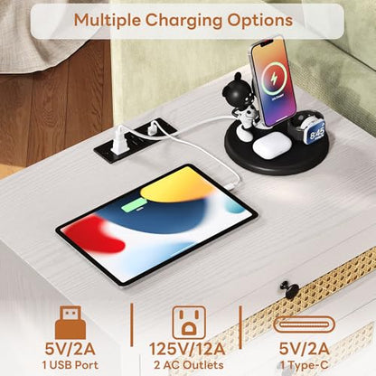 LIKIMIO Rattan Nightstand, 23" Wide Night Stand with Charging Station, Boho Side Table with 2 Drawers and Open Shelf, Bedside Table for Bedroom, White Oak